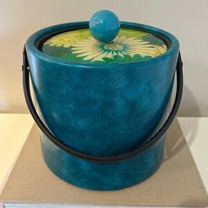 Vintage 1960’s Teal Ice Bucket with Floral Lucite Lid